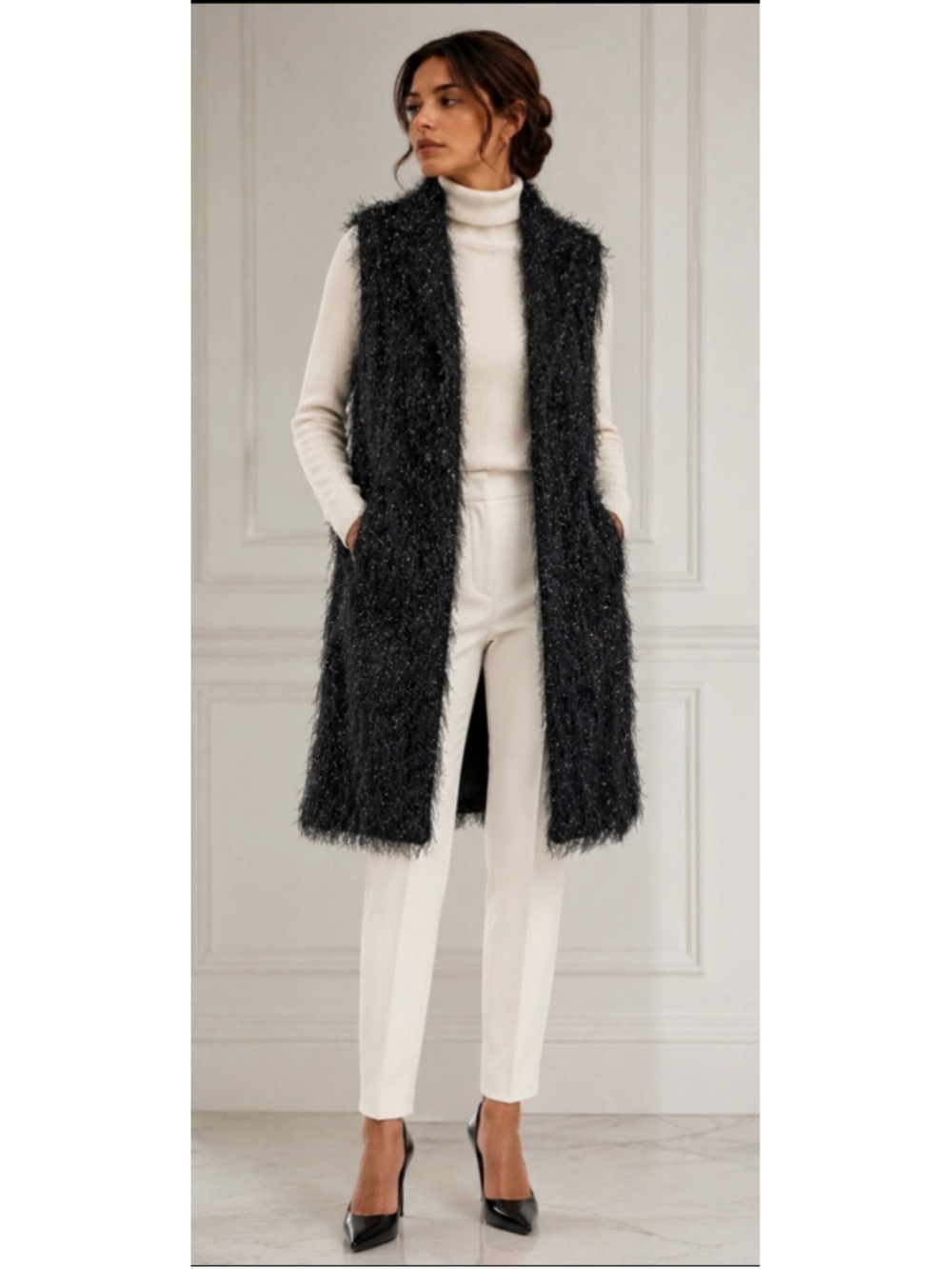Brunello Cucinelli Black Fringed Metallic Vest Size 8 NWT